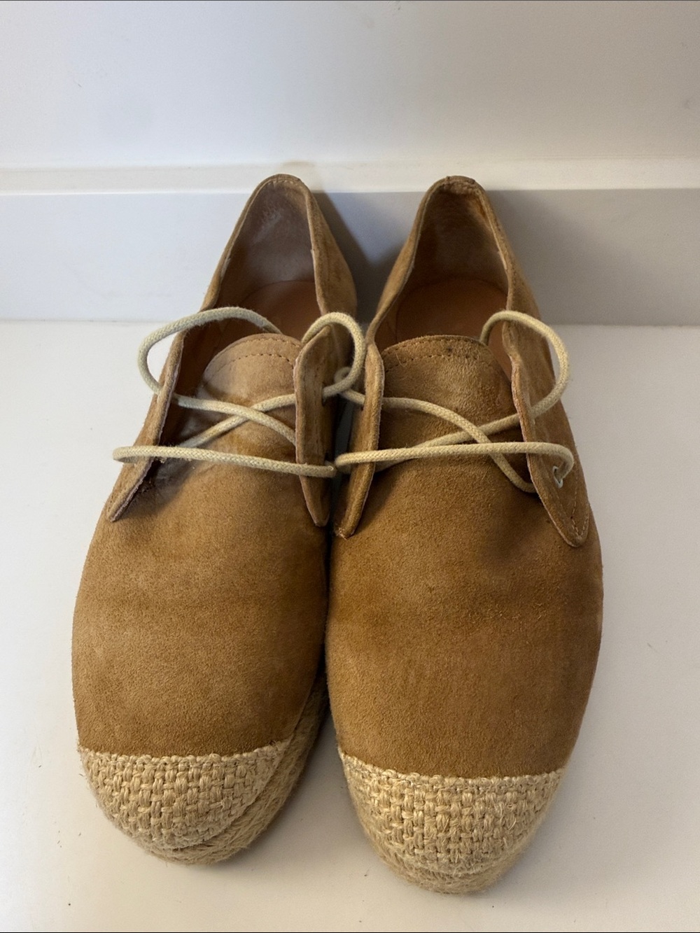 AG by Andrea Gomez Calf Suede Espadrille Lace-Up Flats in Tan - EU Size 37